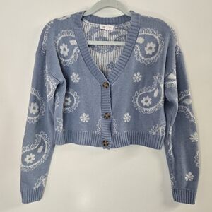 Stitch & Pine Paisley Print Crop 3-Button Sweater Cardigan Sz Small